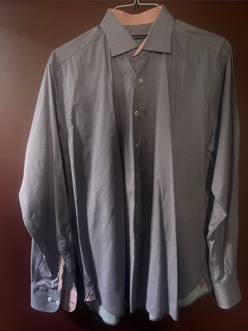 Men's Gray Dress Shirt with Pink Contrast Trim